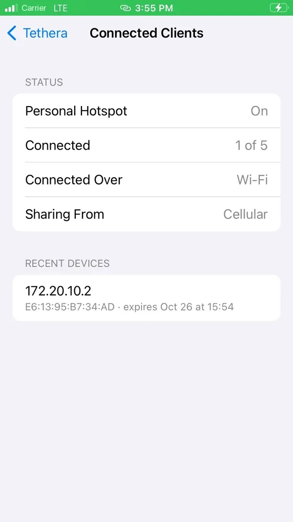 Connected Clients: Personal Hotspot on, 1 of 5 connected over Wi-Fi, sharing from Cellular, and the recent device