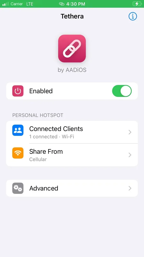 Tethera's page: Enabled, Connected Clients with one device over Wi-Fi, Share From Cellular
