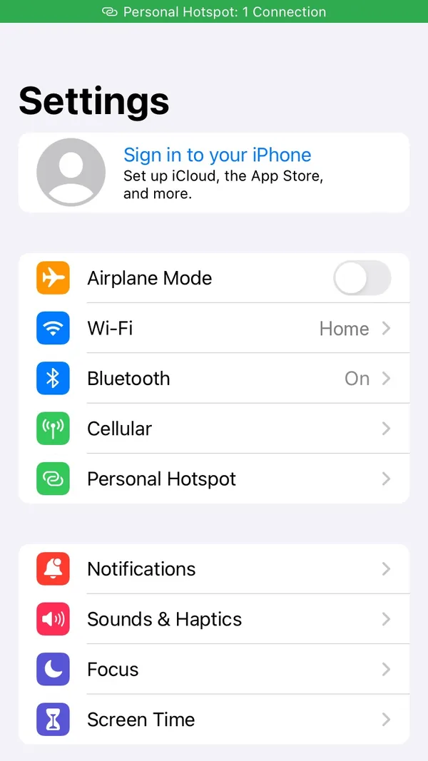 Settings on an iPhone with Tethera: Personal Hotspot in the list, under Cellular